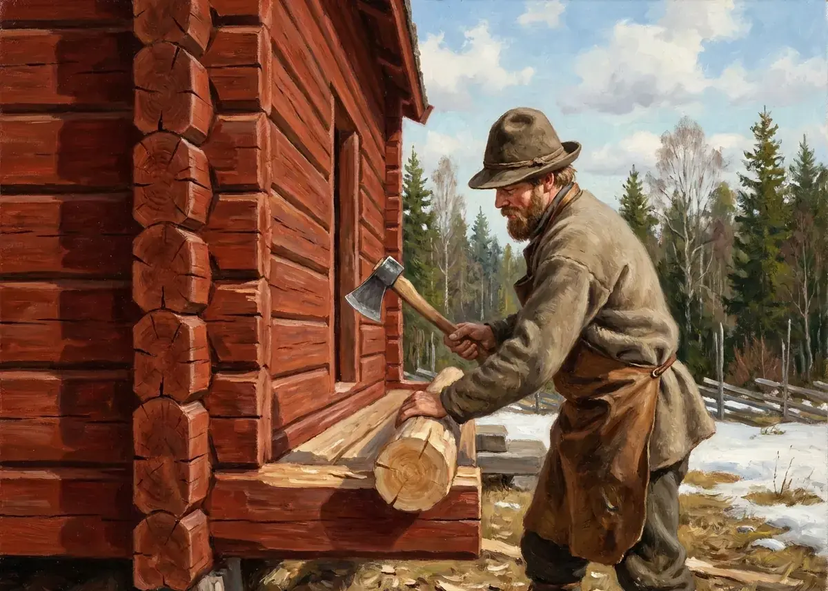 Timmerman med yxa knuttimrar en faluröd stuga en vårdag med snö kvar